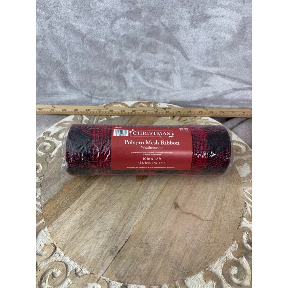 Hobby Lobby Christmas Polypro Mesh Ribbon Red Black Buffalo Plaid 10in x 30ft